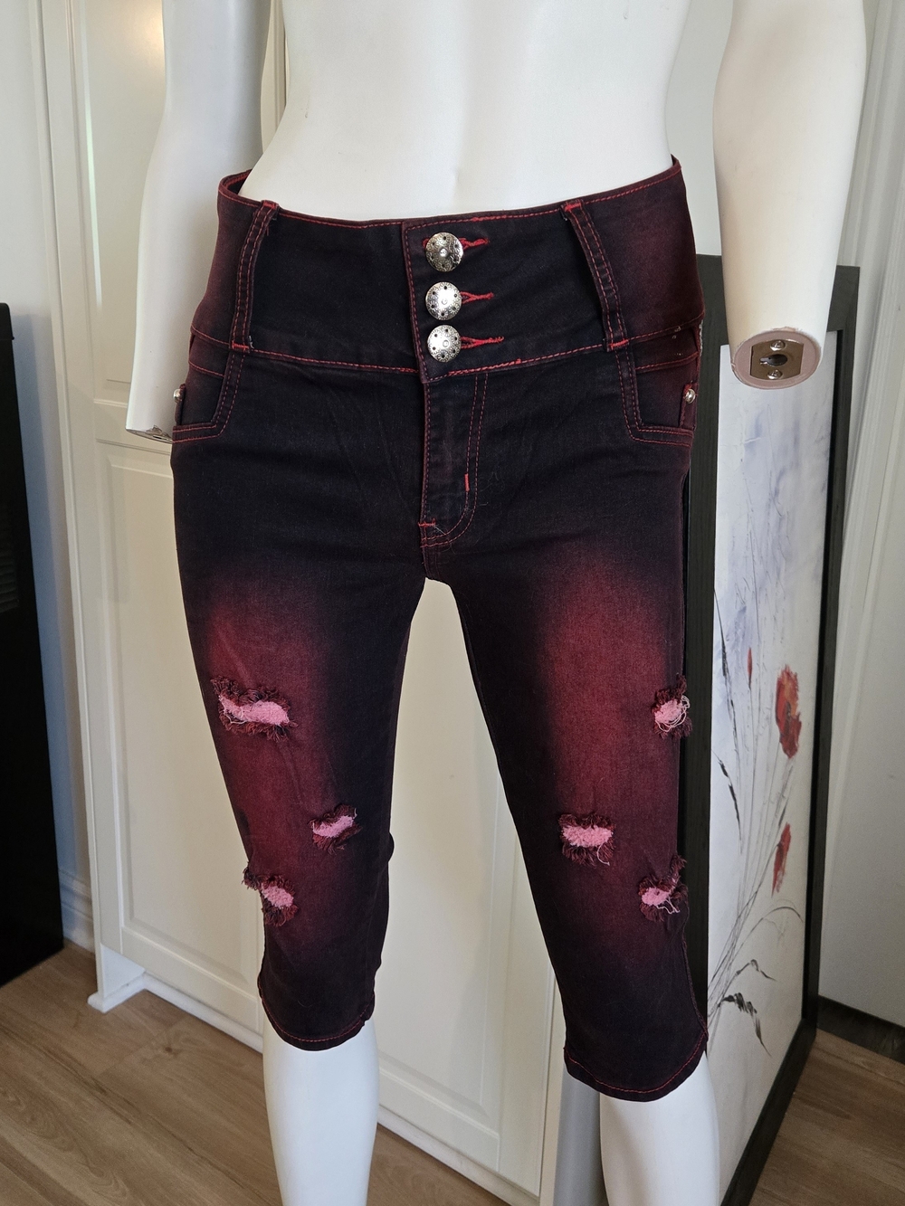 High-Waist Distressed Burgundy Capris Jeans
